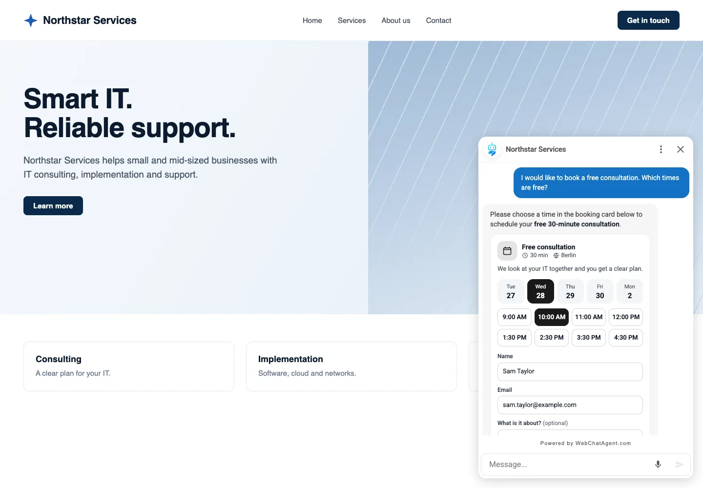 Interface de WebChatAgent montrant l'essai pratique : la carte de réservation dans le chat