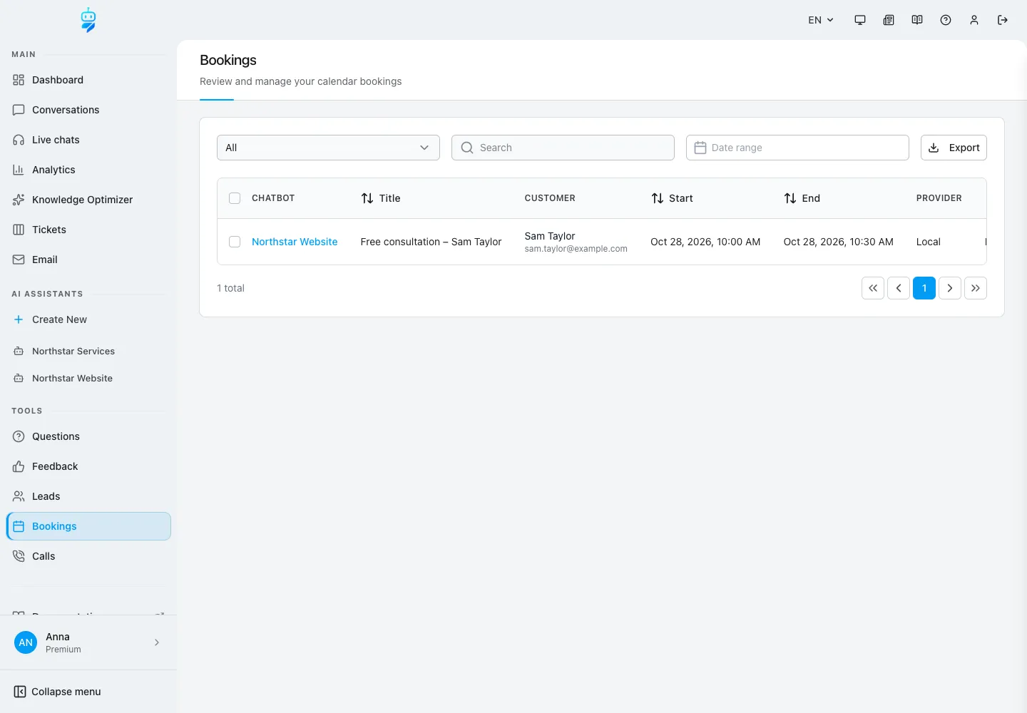 Interface de WebChatAgent montrant tous les rendez-vous sous bookings