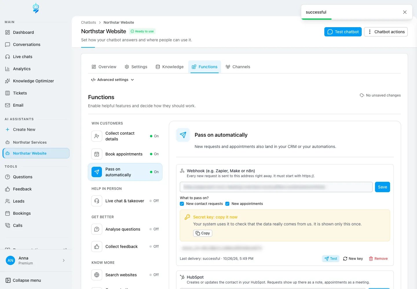 Interface de WebChatAgent montrant la transmission automatique : webhook