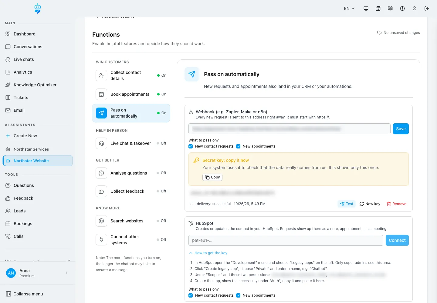 Interface de WebChatAgent montrant la transmission automatique : hubspot