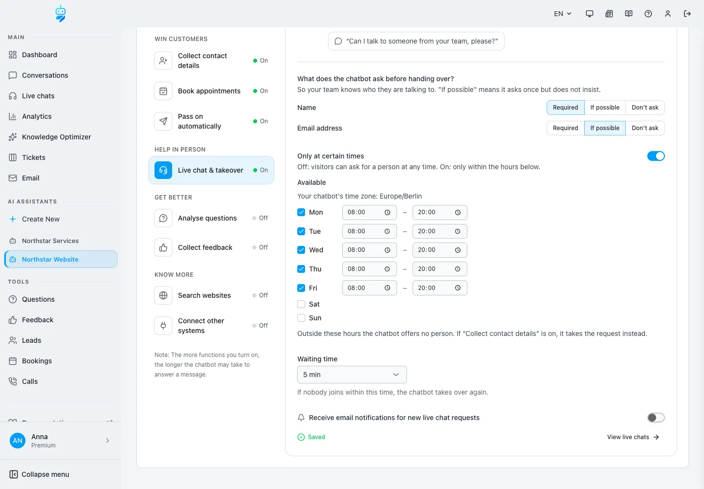 Interface de WebChatAgent montrant le live chat et la prise de relais : paramètres