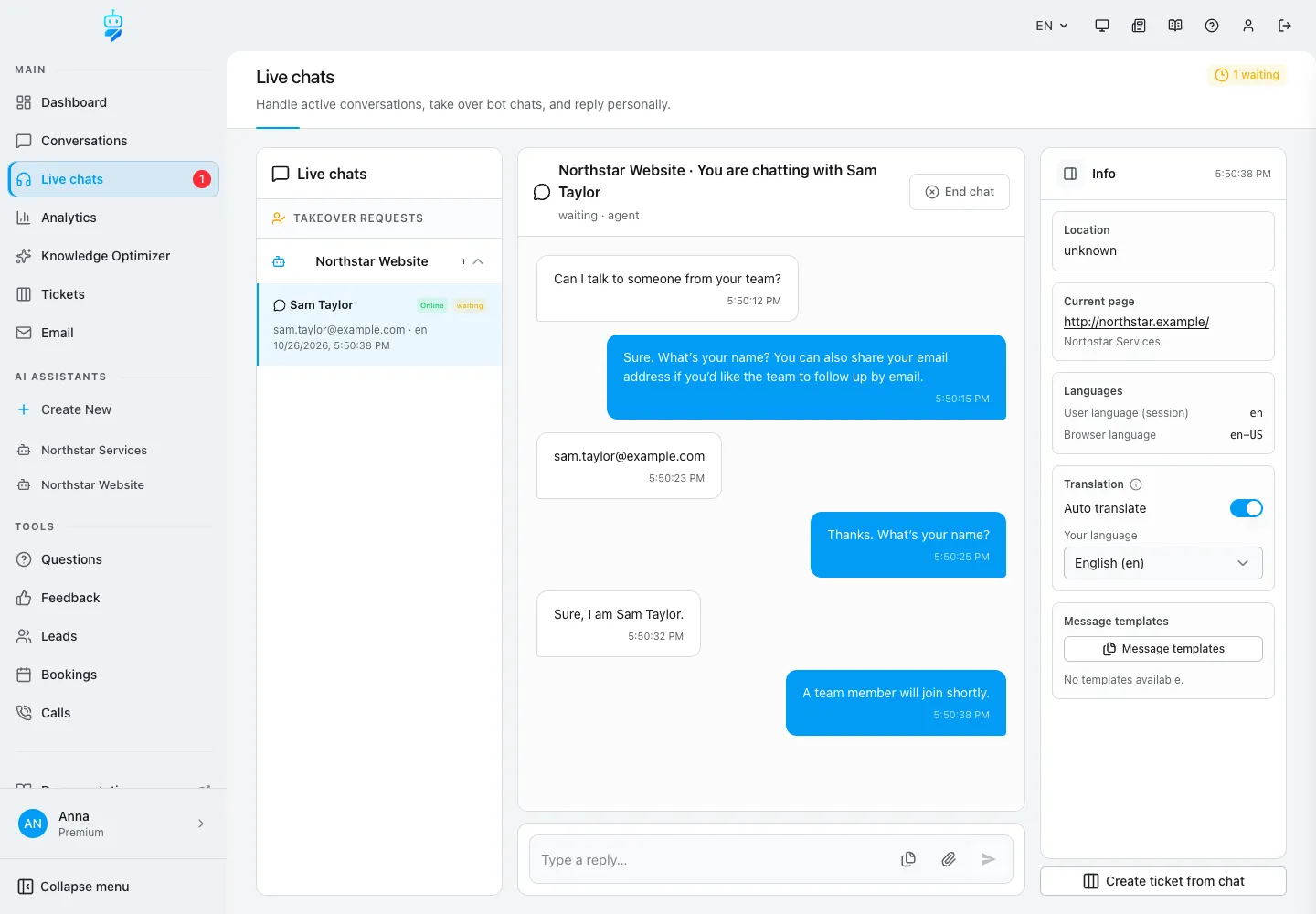 Interface de WebChatAgent montrant la prise de relais d'un chat