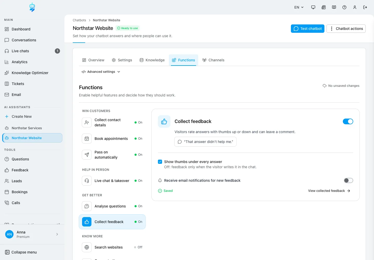 Interface de WebChatAgent montrant l'analyse des questions et la collecte de retours