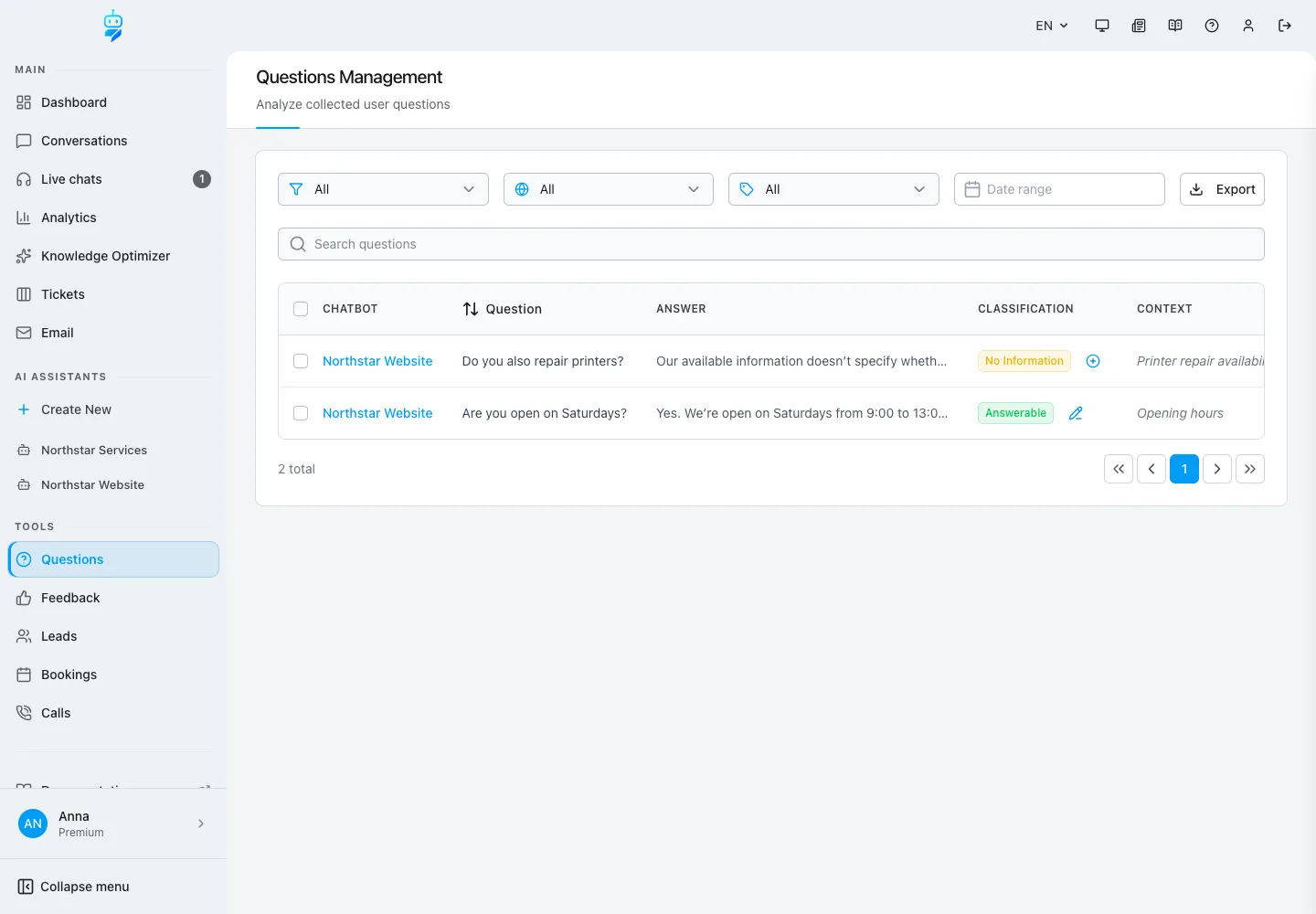 Interface de WebChatAgent montrant la rubrique questions : identification de ce qui manque