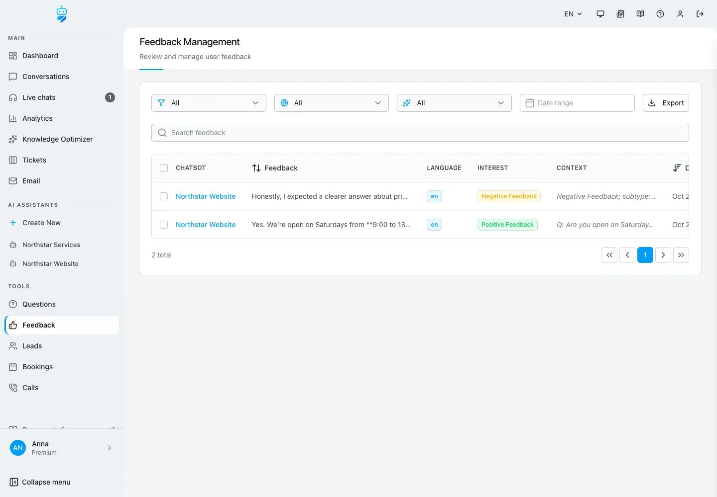 Interface de WebChatAgent montrant la rubrique feedback : pouces et retours écrits