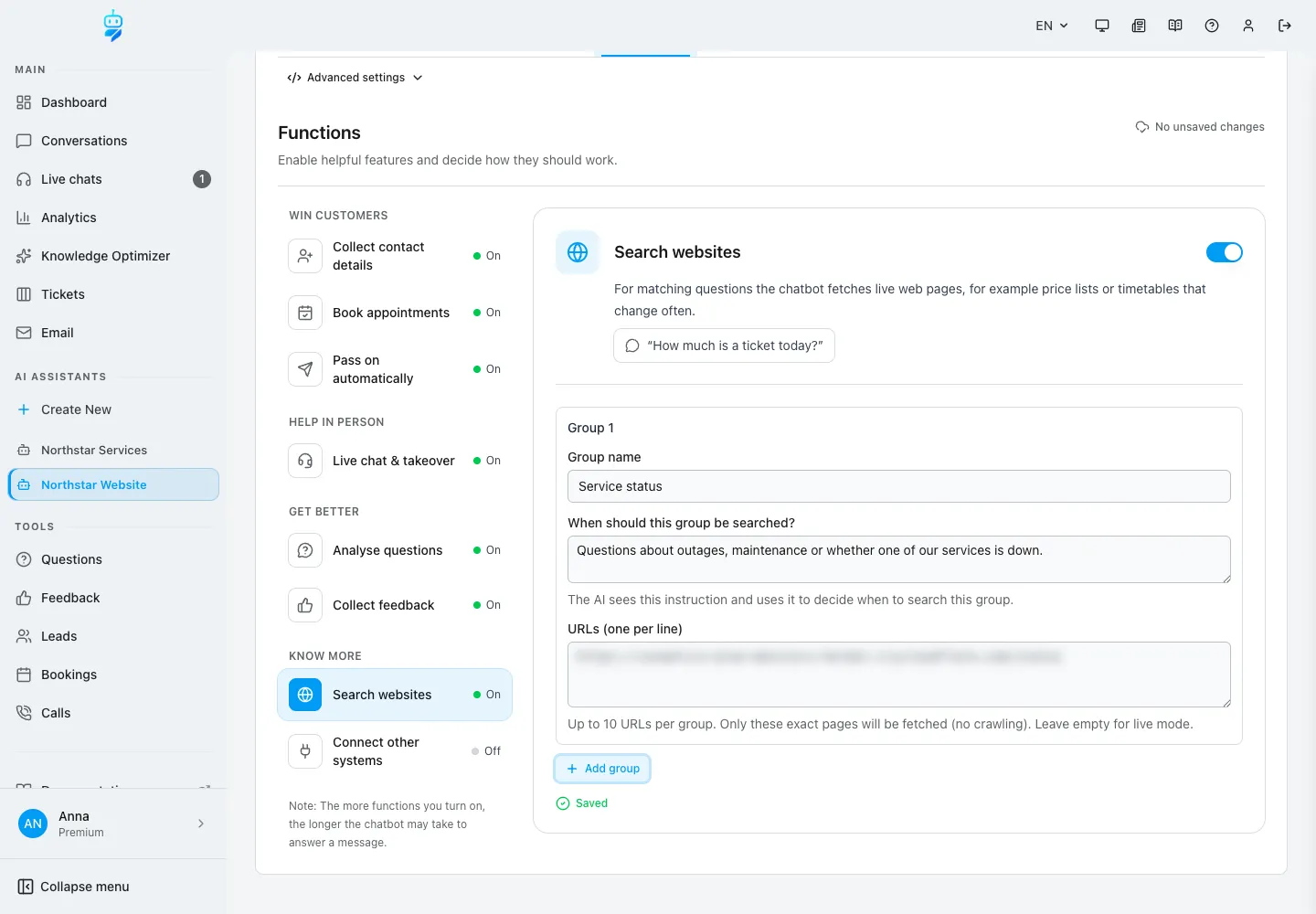 Interface de WebChatAgent montrant la recherche sur des sites web : groupe de pages en direct
