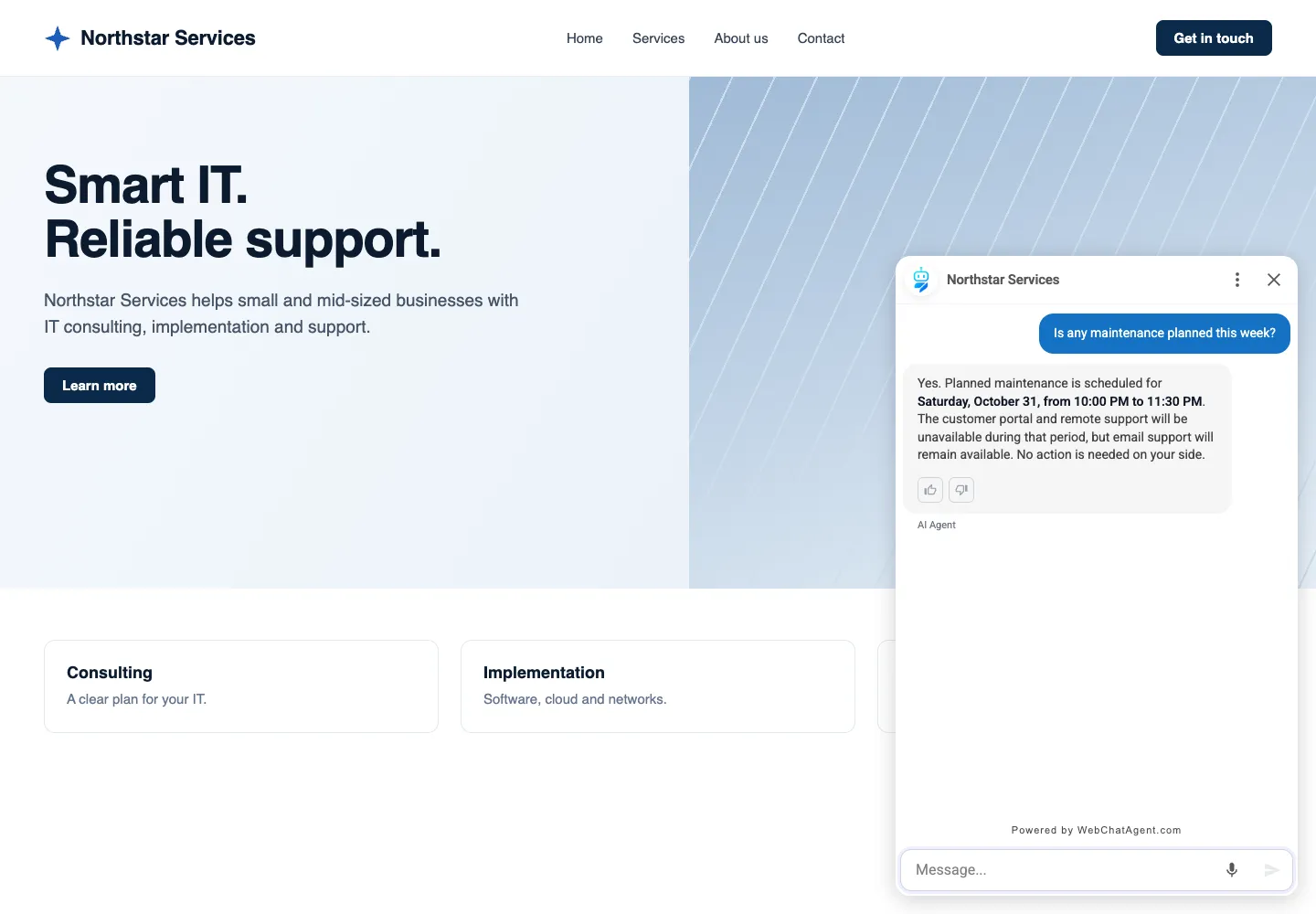 Interface de WebChatAgent montrant l'essai pratique : maintenance relevée sur la page de statut