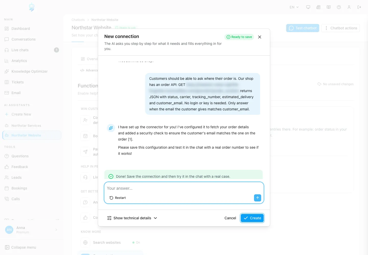 Interface de WebChatAgent montrant la connexion d'autres systèmes : description faite à l'assistant