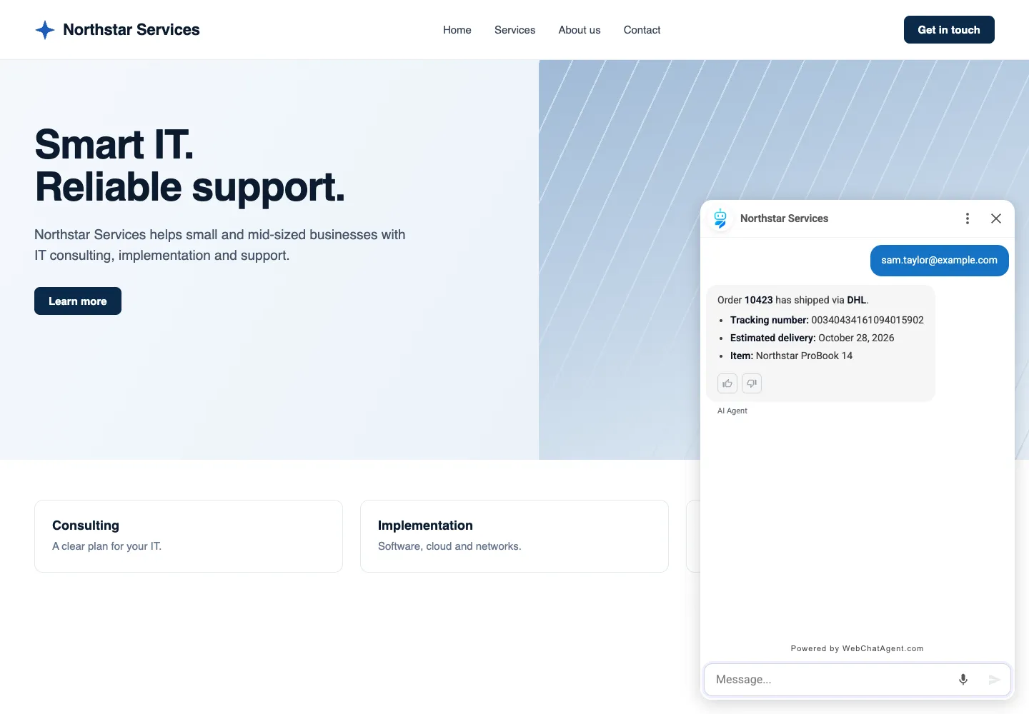 Interface de WebChatAgent montrant l'essai pratique : suivi du statut d'une commande réelle