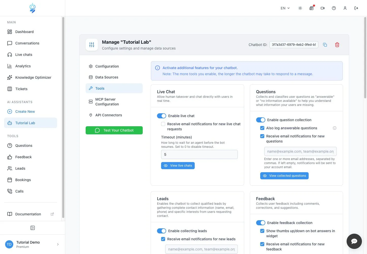 WebChatAgent interface showing enable live chat and set the timeout