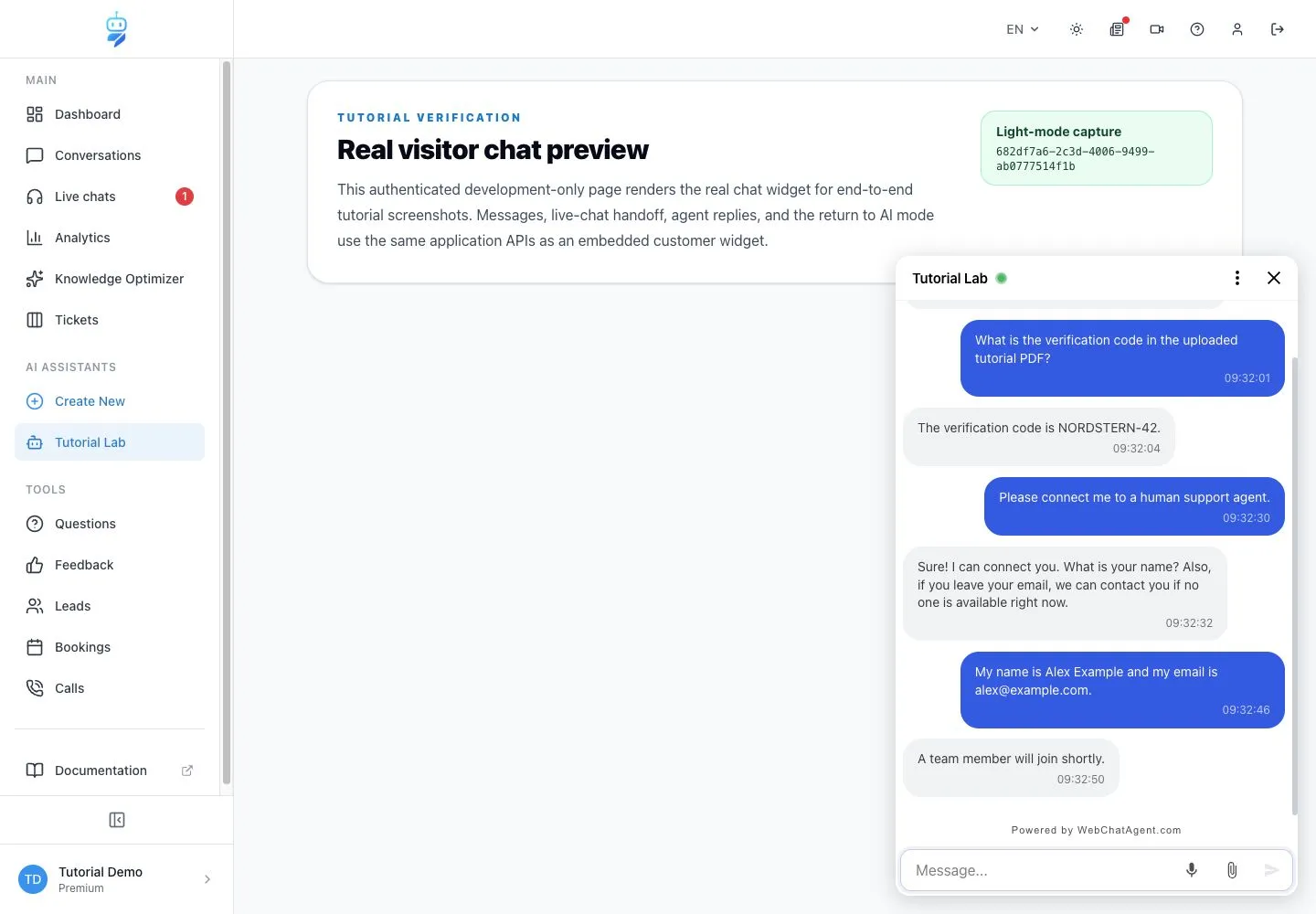 WebChatAgent interface showing request a human from the visitor chat