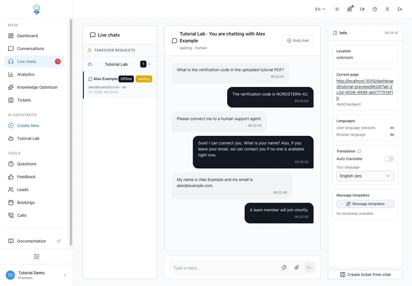 WebChatAgent interface showing open the request and review its history