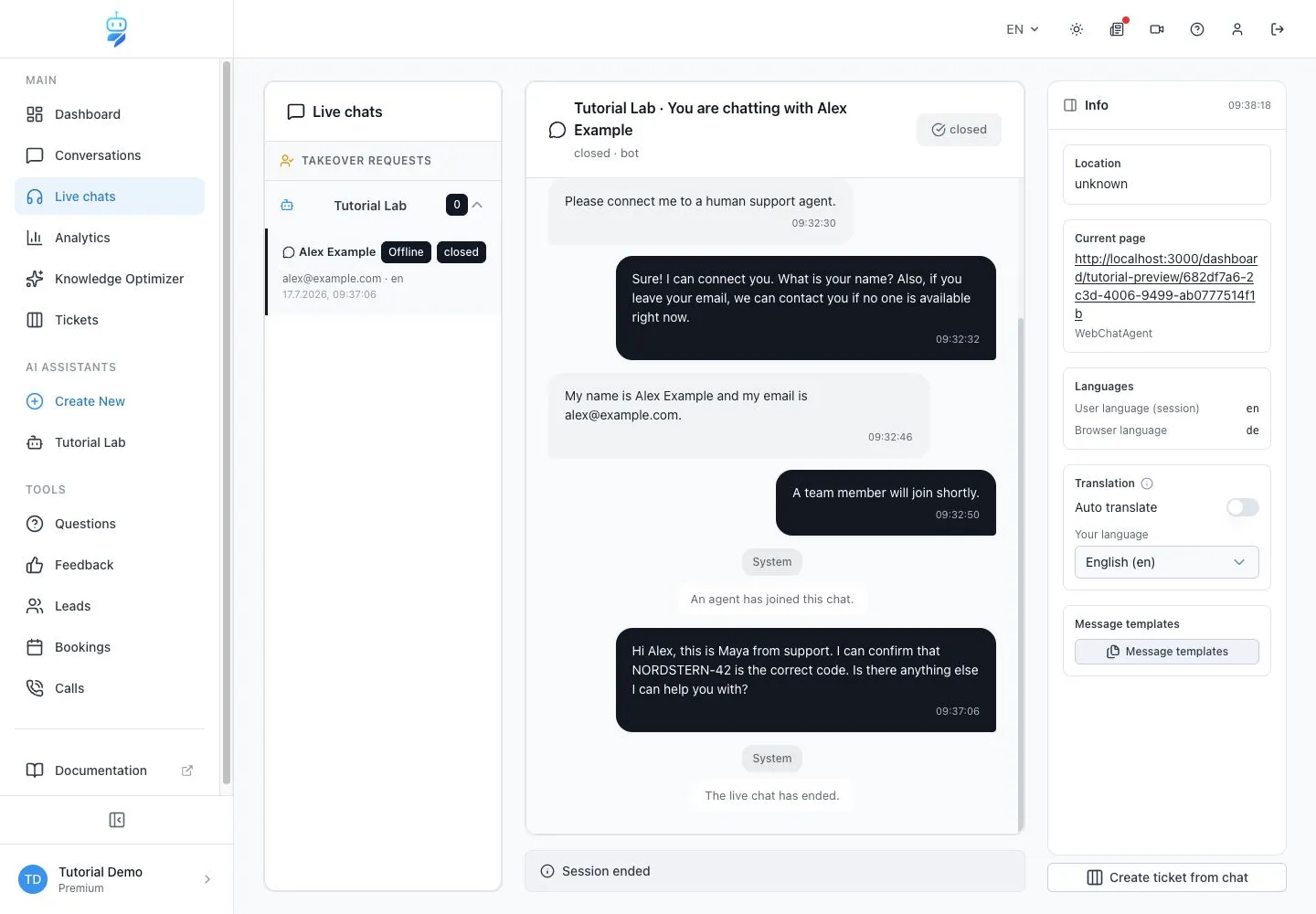 WebChatAgent interface showing end the human session