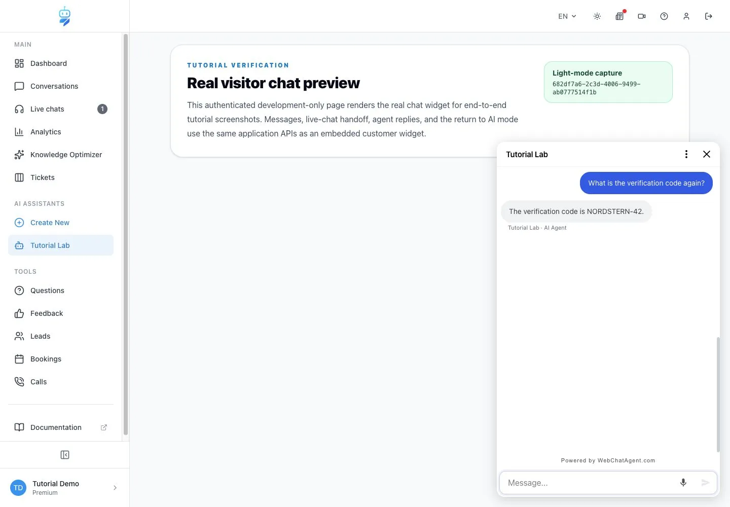 WebChatAgent interface showing the practical example result for How to hand off an AI chatbot to human support