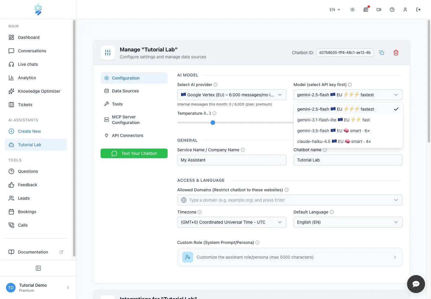 WebChatAgent interface showing read the live model options and constraints
