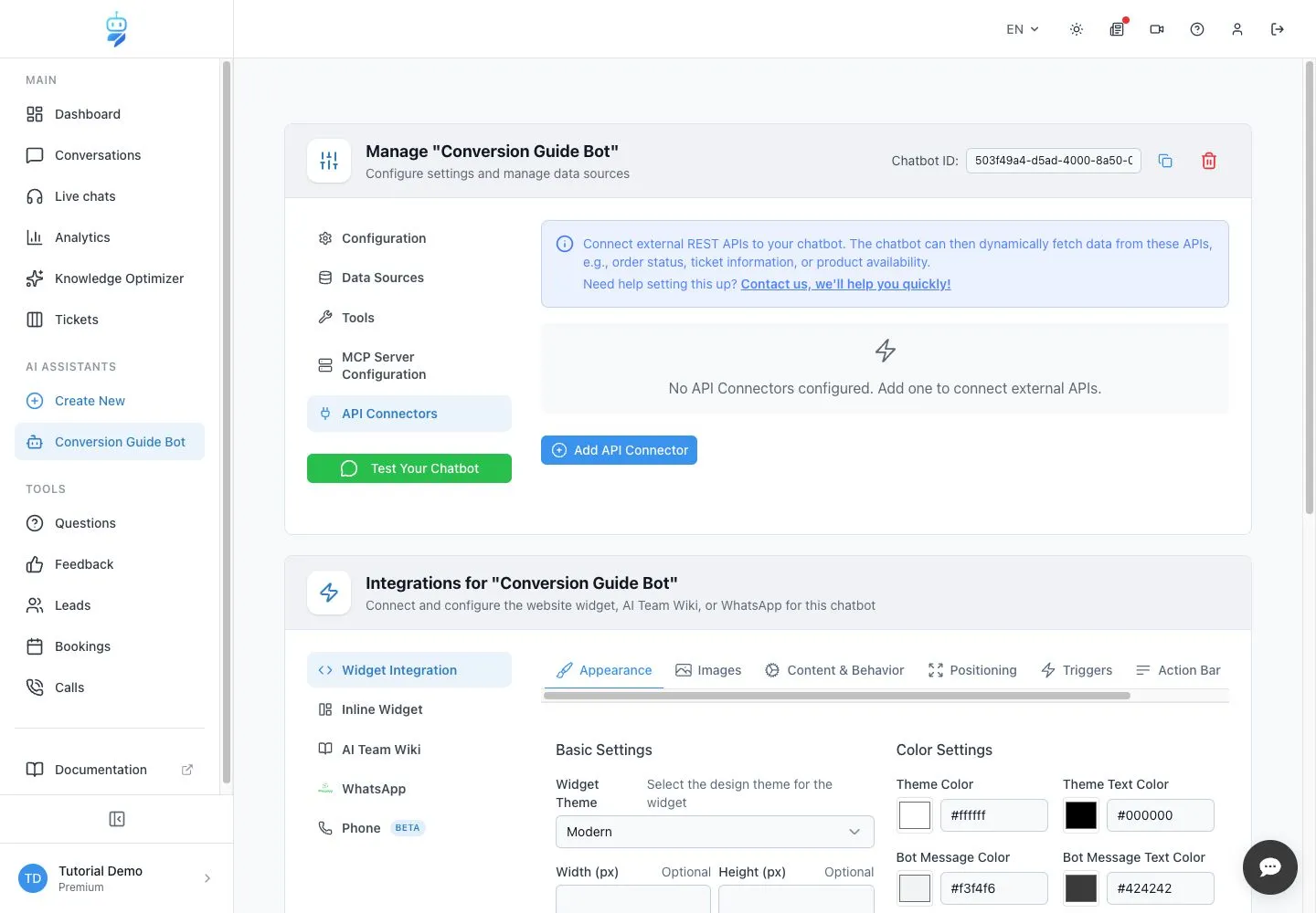 WebChatAgent interface showing open the empty api connectors list