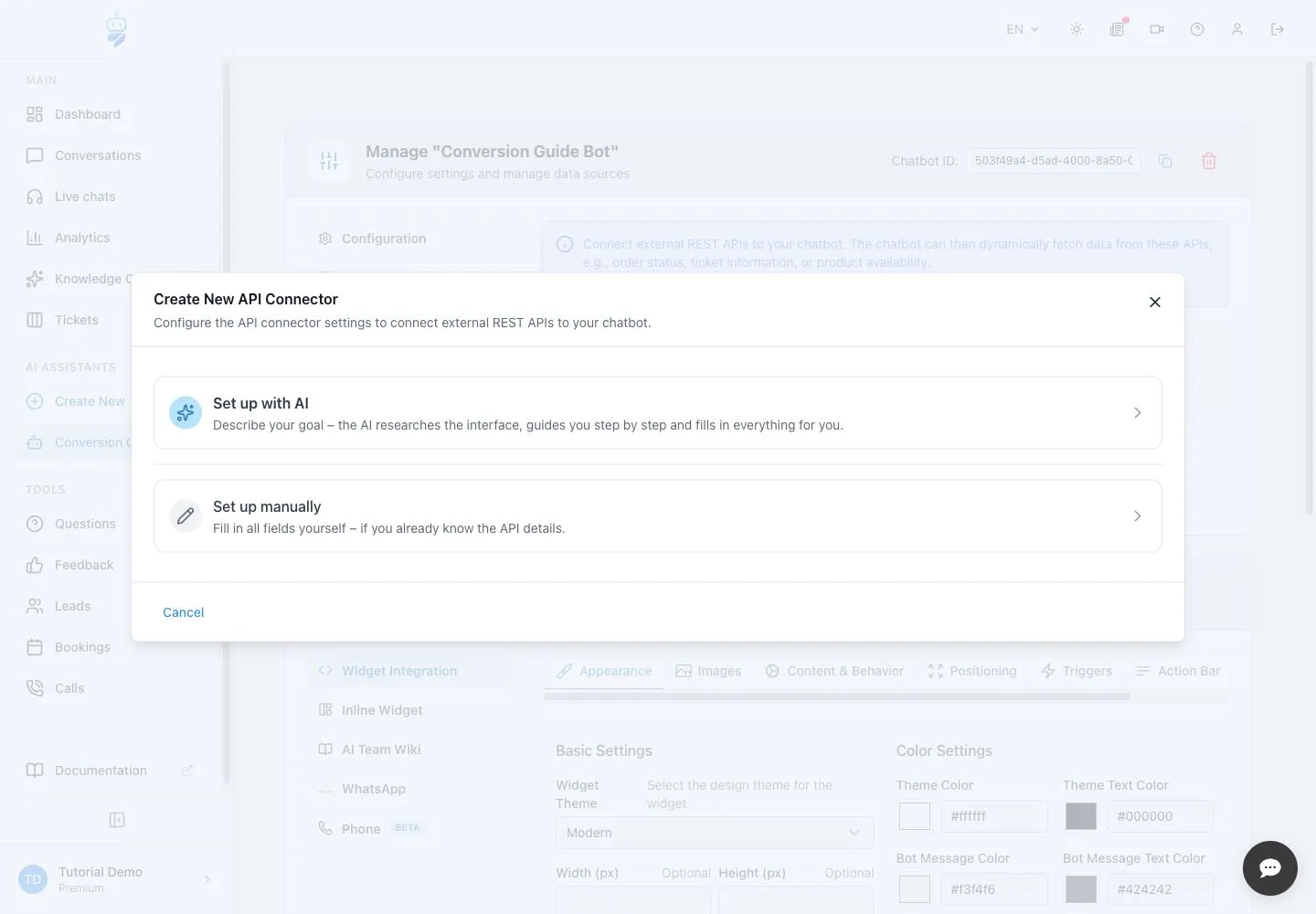 WebChatAgent interface showing choose set up with ai