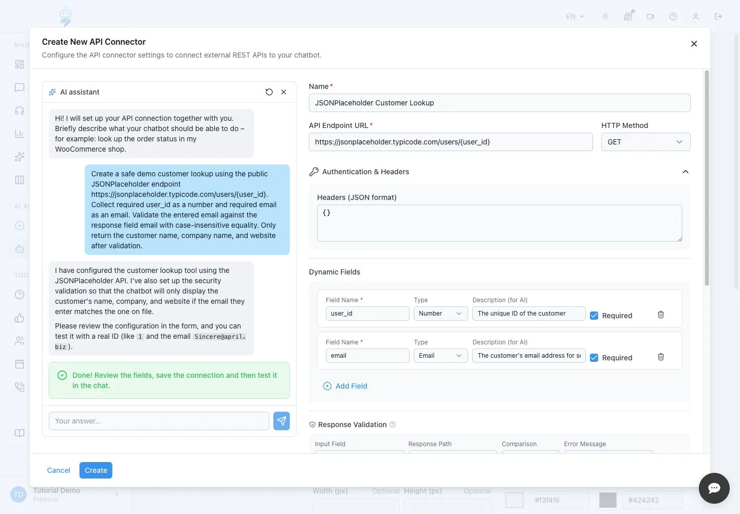 WebChatAgent interface showing describe the jsonplaceholder lookup and review generated fields