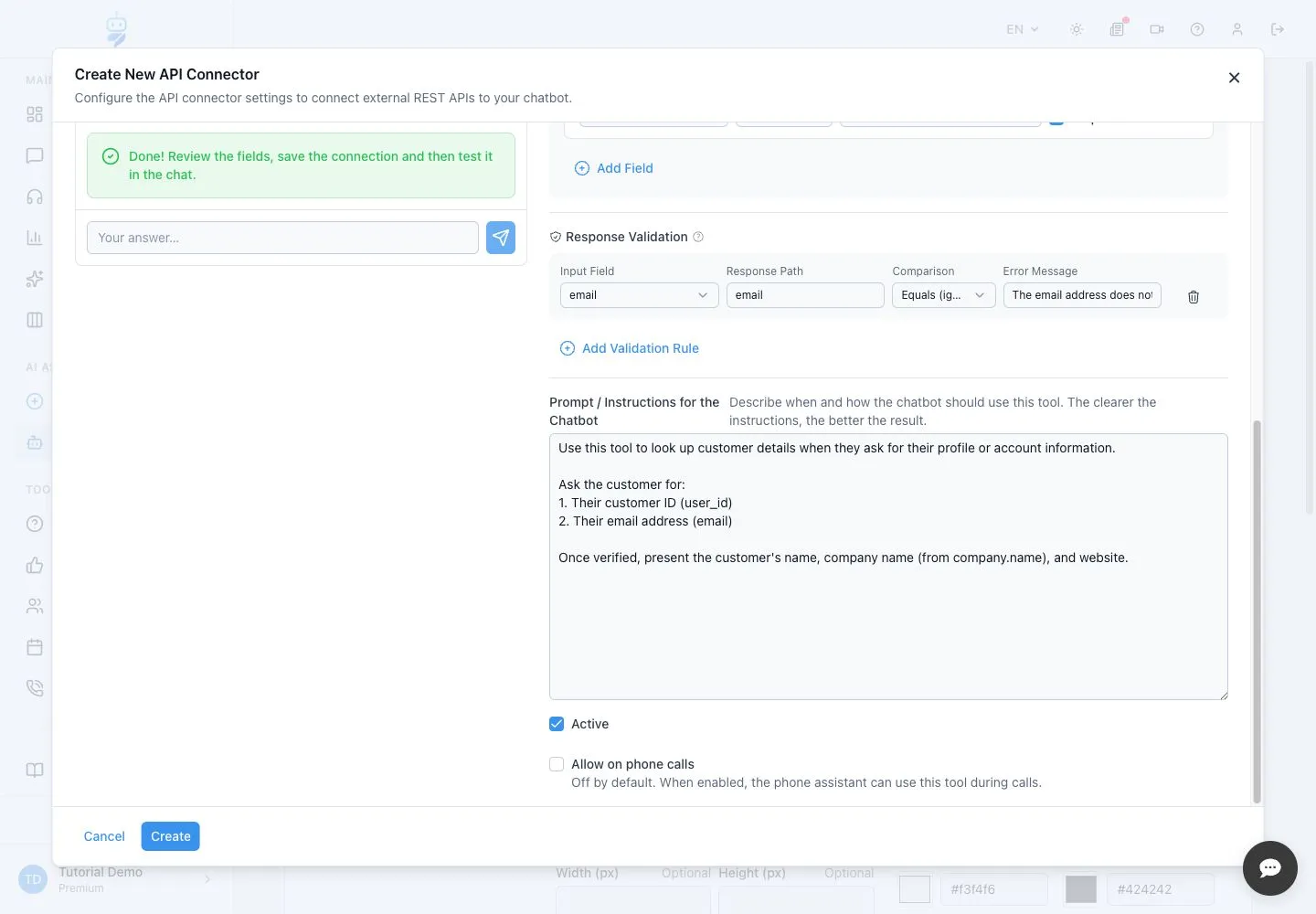 WebChatAgent interface showing review validation and tool instructions