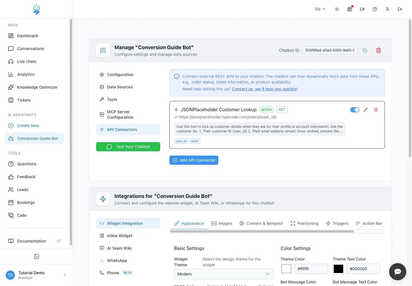 WebChatAgent interface showing create and verify the active connector card