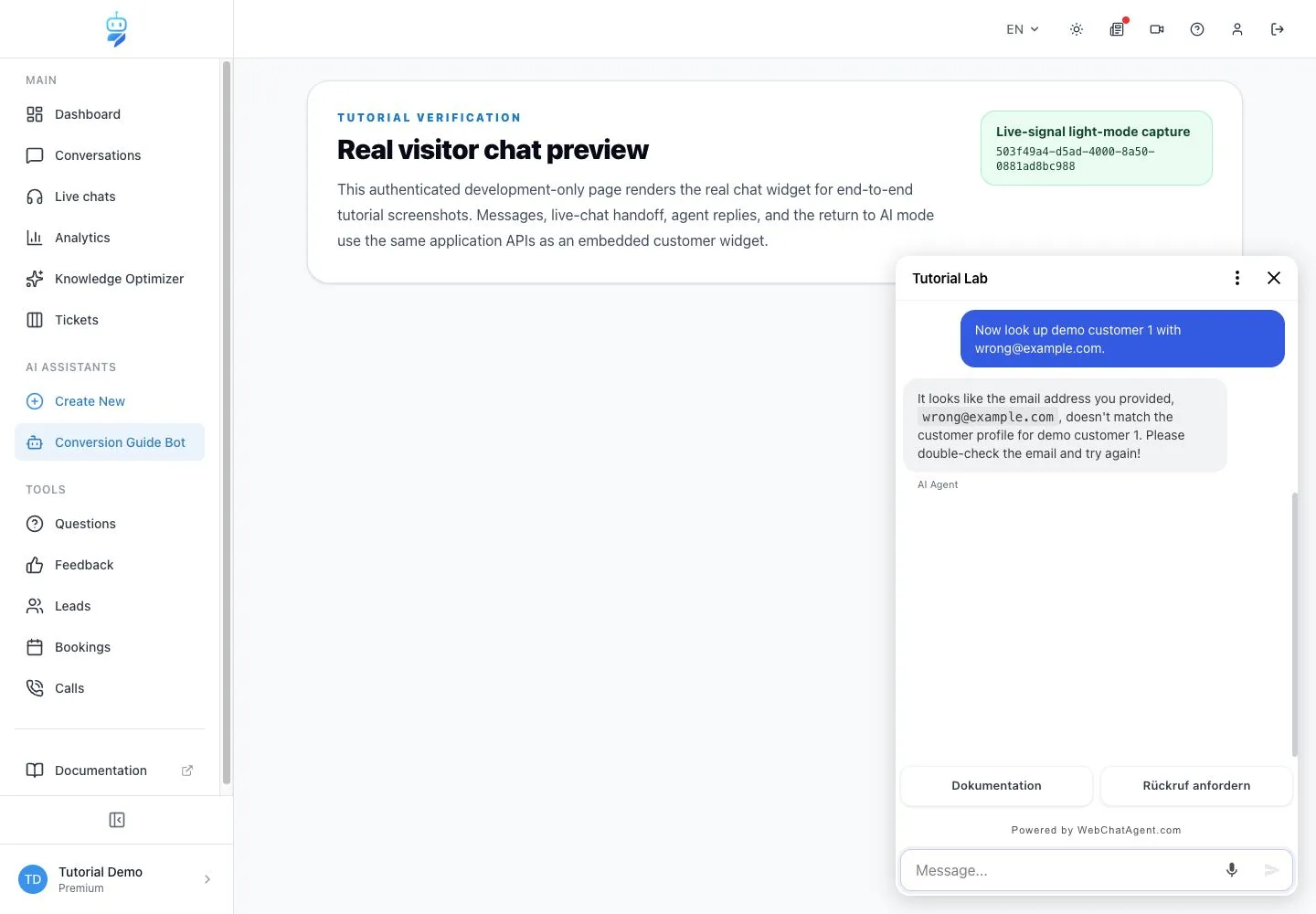 WebChatAgent interface showing prove that a wrong email is blocked