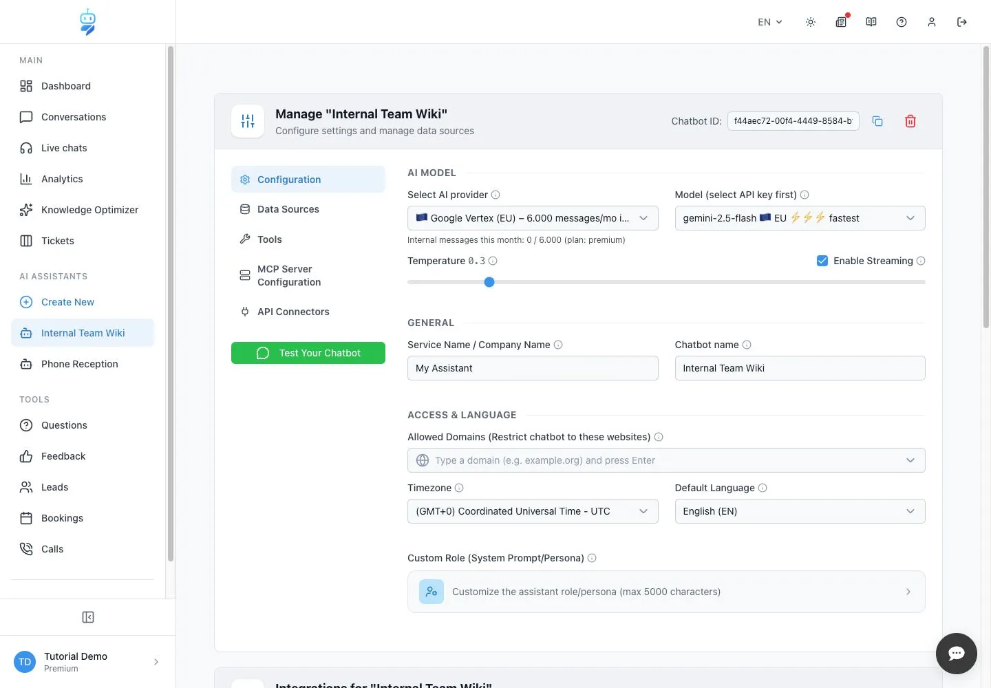 WebChatAgent interface showing create a dedicated team wiki chatbot