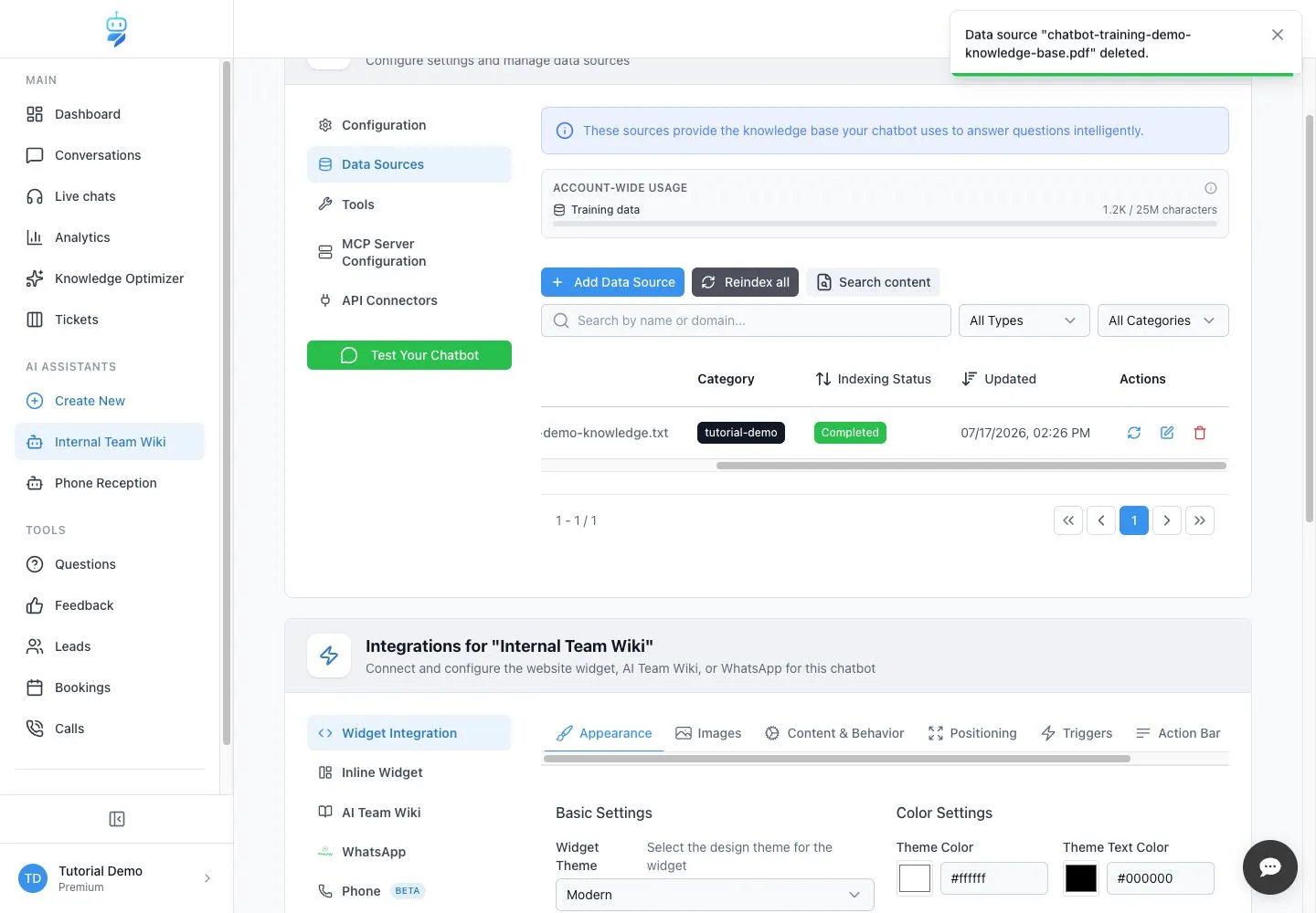 WebChatAgent interface showing add approved internal knowledge