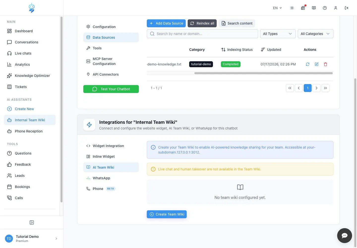 WebChatAgent interface showing open the team wiki settings