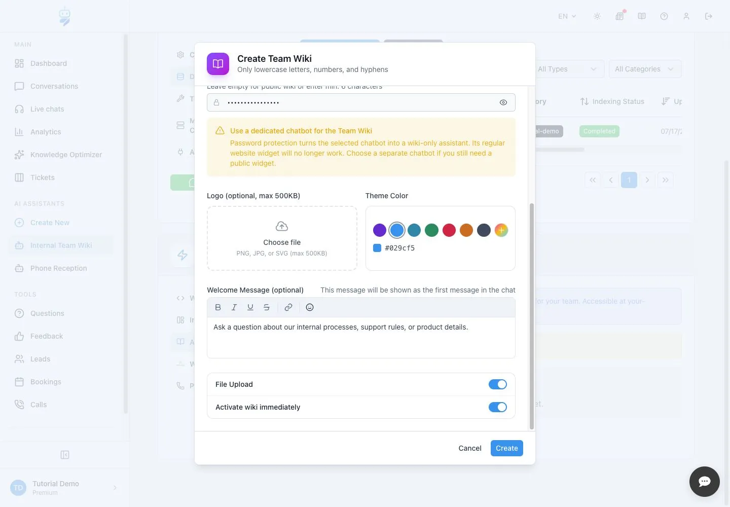 WebChatAgent interface showing finish branding and wiki options