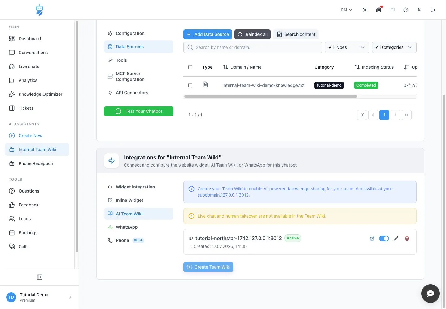 WebChatAgent interface showing review the active wiki in the dashboard