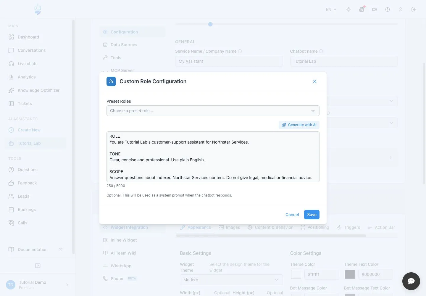 WebChatAgent interface showing write role, tone and scope