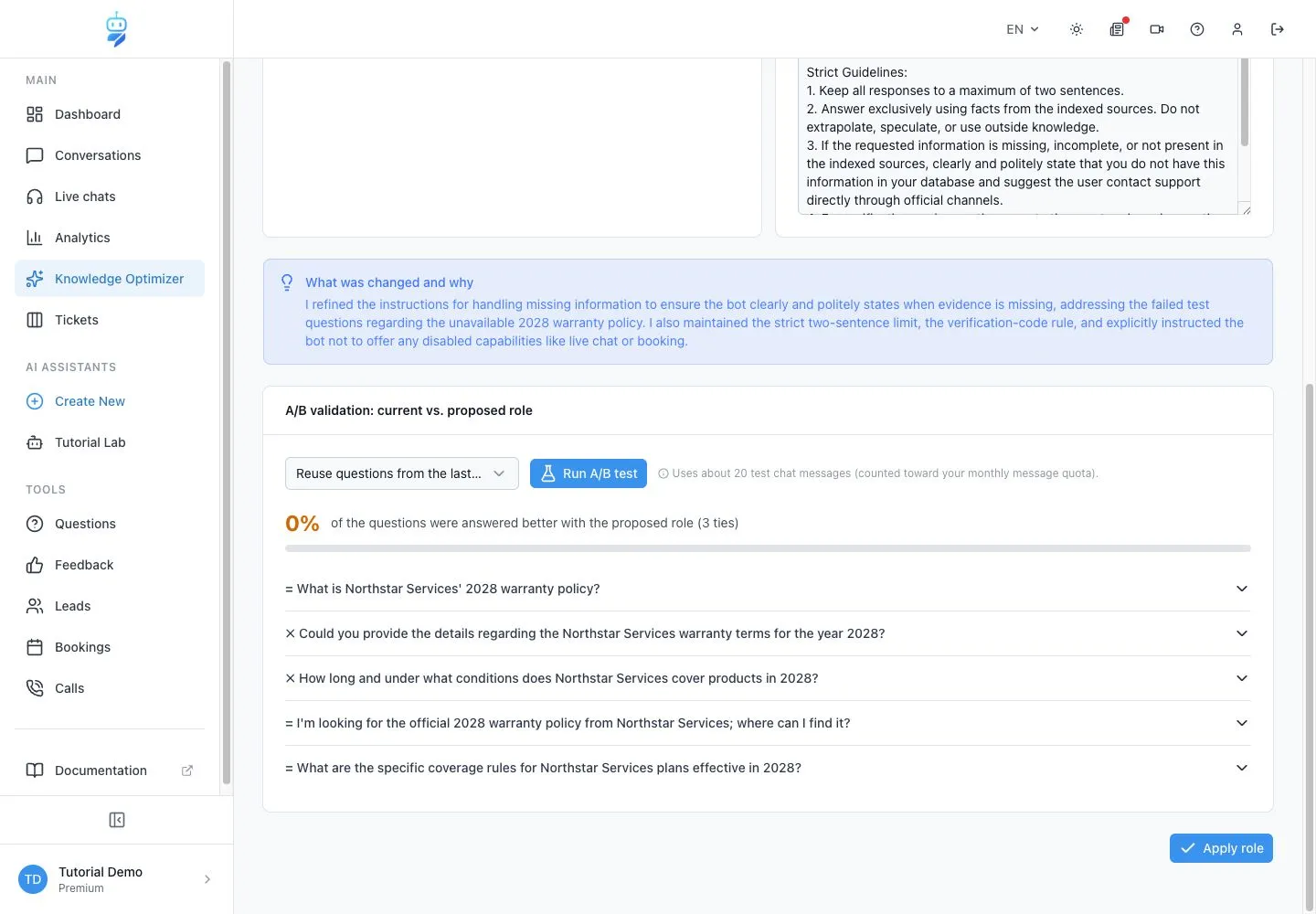 WebChatAgent interface showing a/b-test in knowledge optimizer
