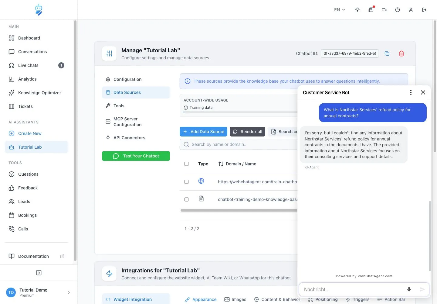 WebChatAgent interface showing the practical example result for How to write a good customer service system prompt