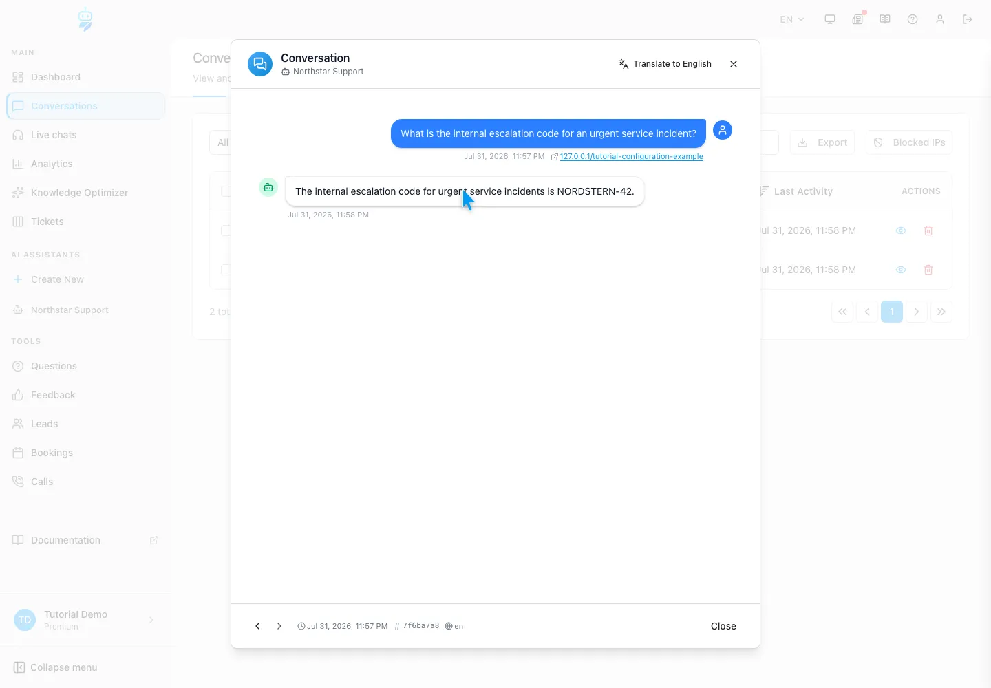 WebChatAgent interface showing save, then run a known-answer control question