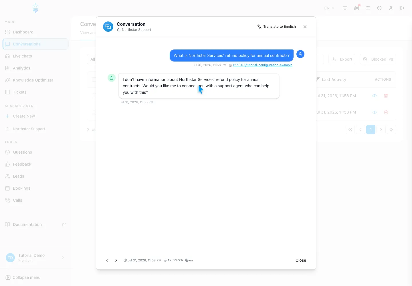 WebChatAgent interface showing test missing information and escalation behavior