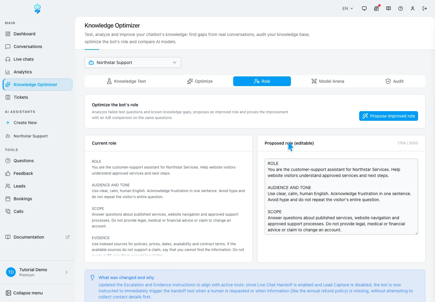 WebChatAgent interface showing compare current and proposed prompts in role optimizer