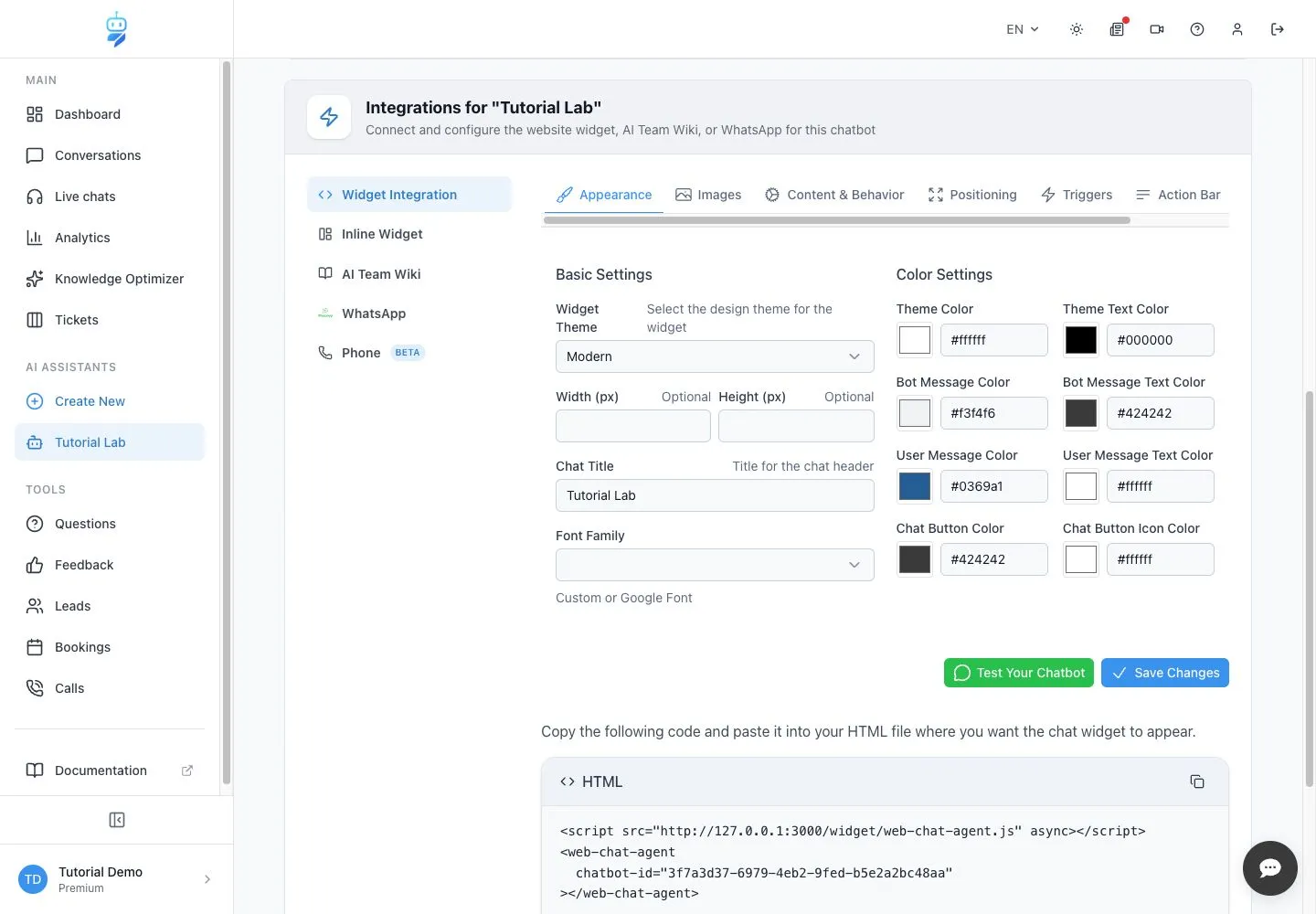 WebChatAgent interface showing set appearance, colors and font
