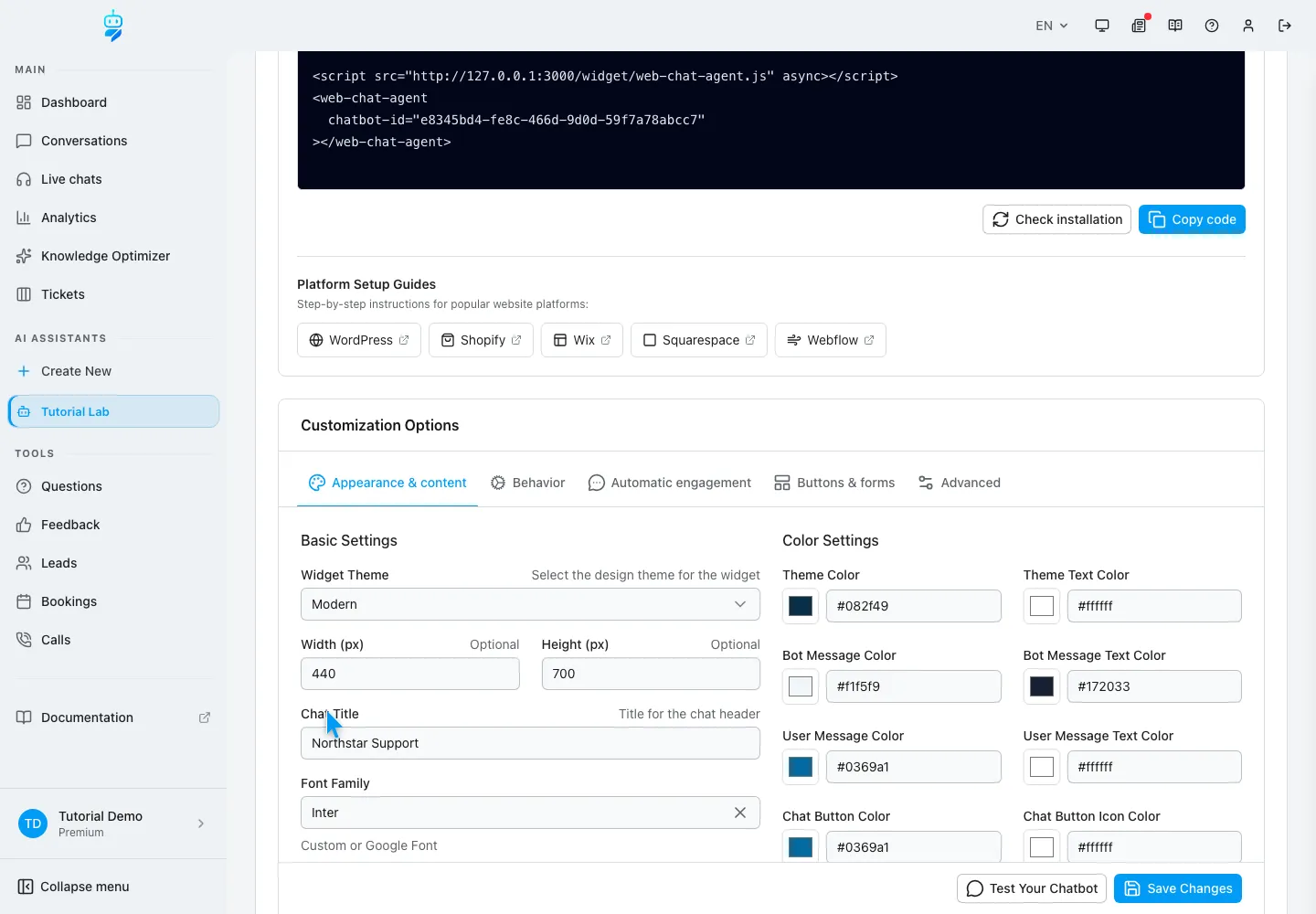 WebChatAgent interface showing set size, theme, typography and every color role