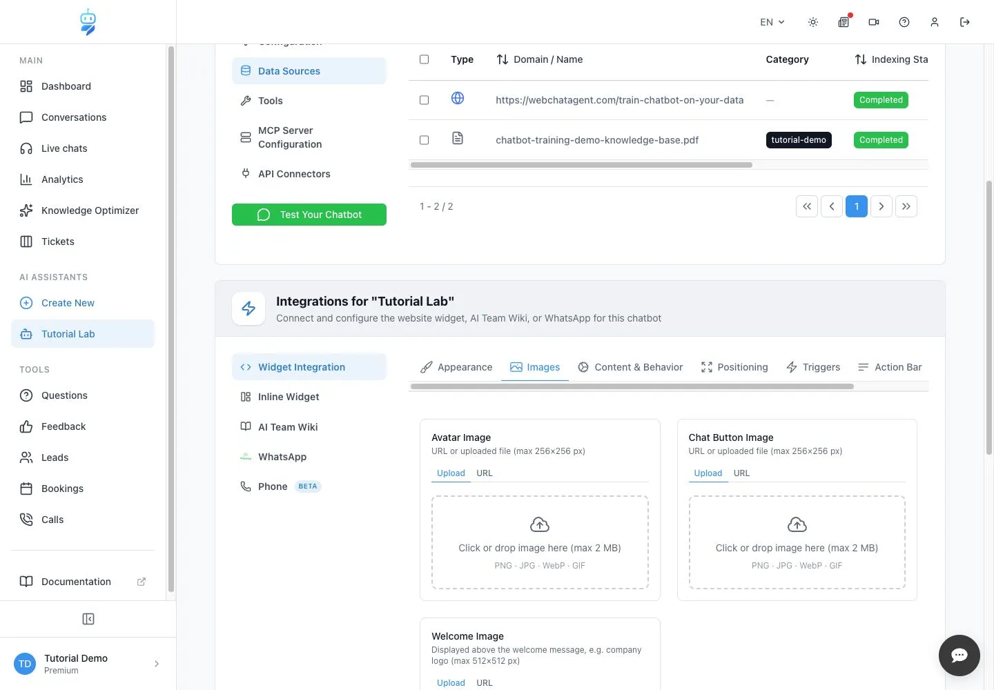 WebChatAgent interface showing add avatar, button and welcome images