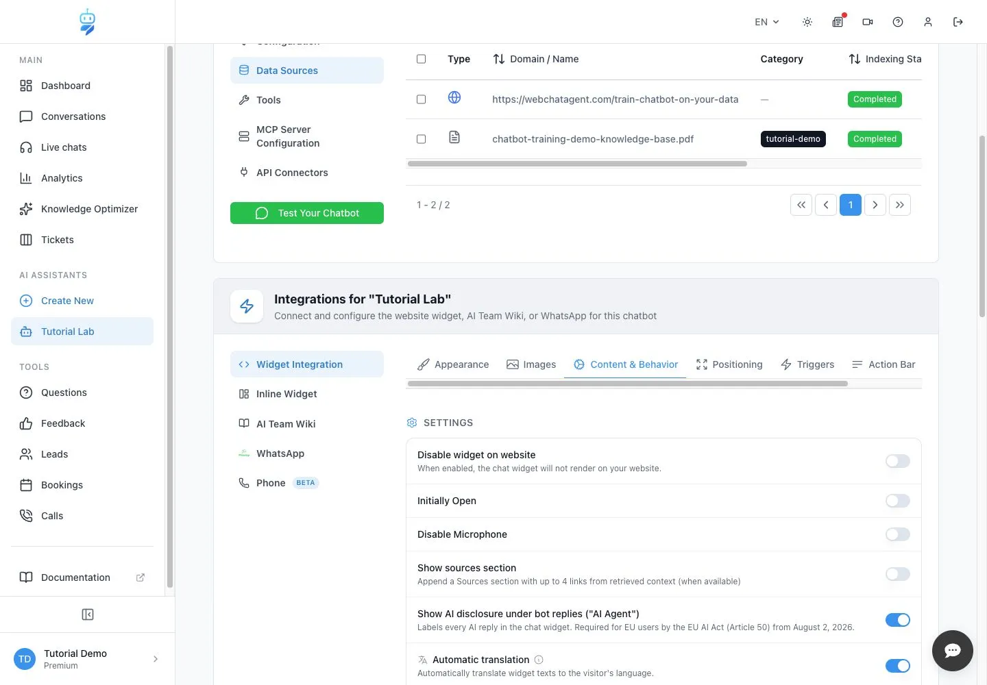 WebChatAgent interface showing configure behavior and prompt buttons