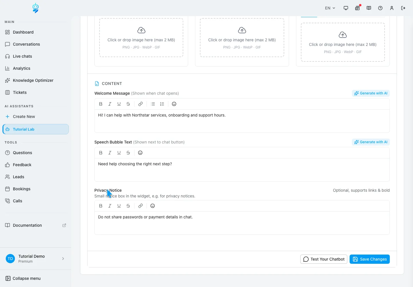WebChatAgent interface showing choose the right image for avatar, launcher and welcome