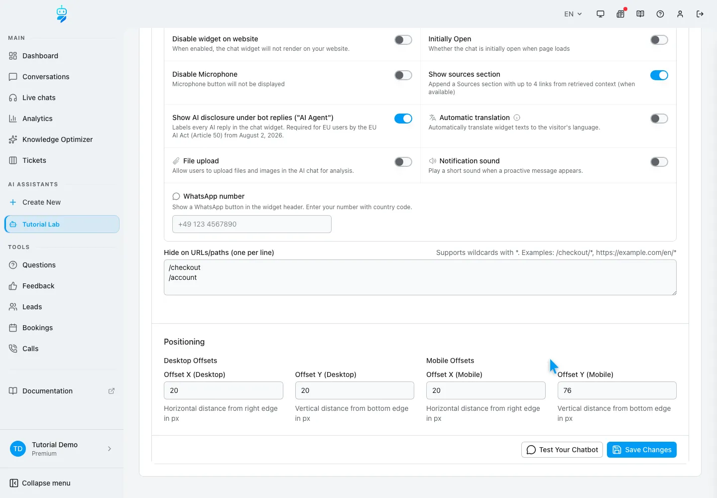 WebChatAgent interface showing set desktop and mobile offsets separately