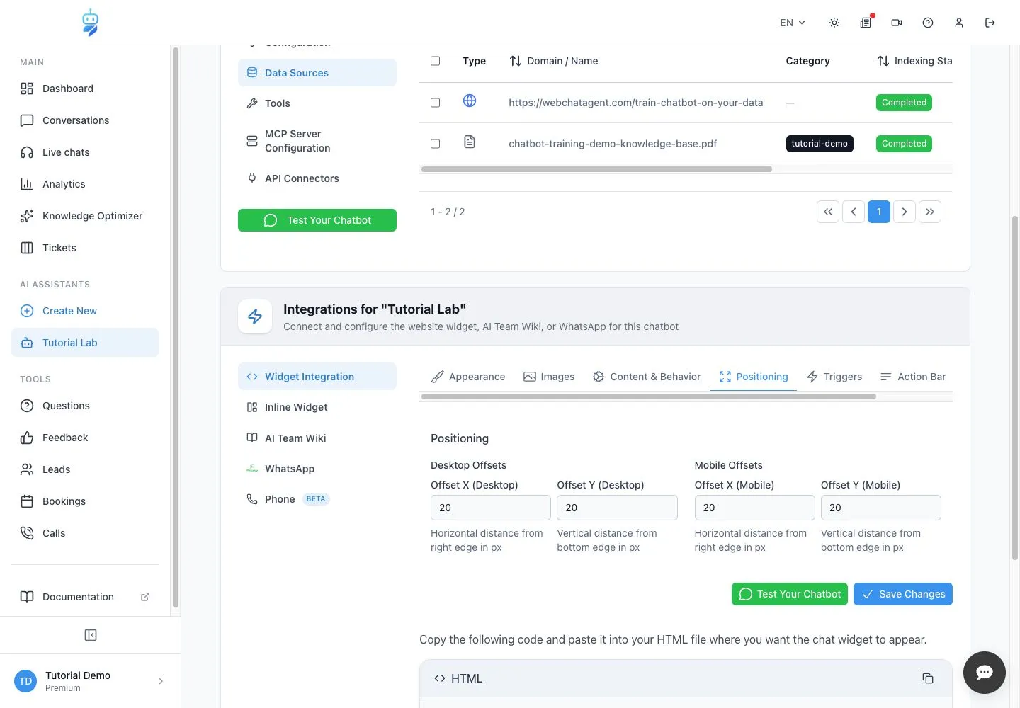 WebChatAgent interface showing set desktop and mobile position