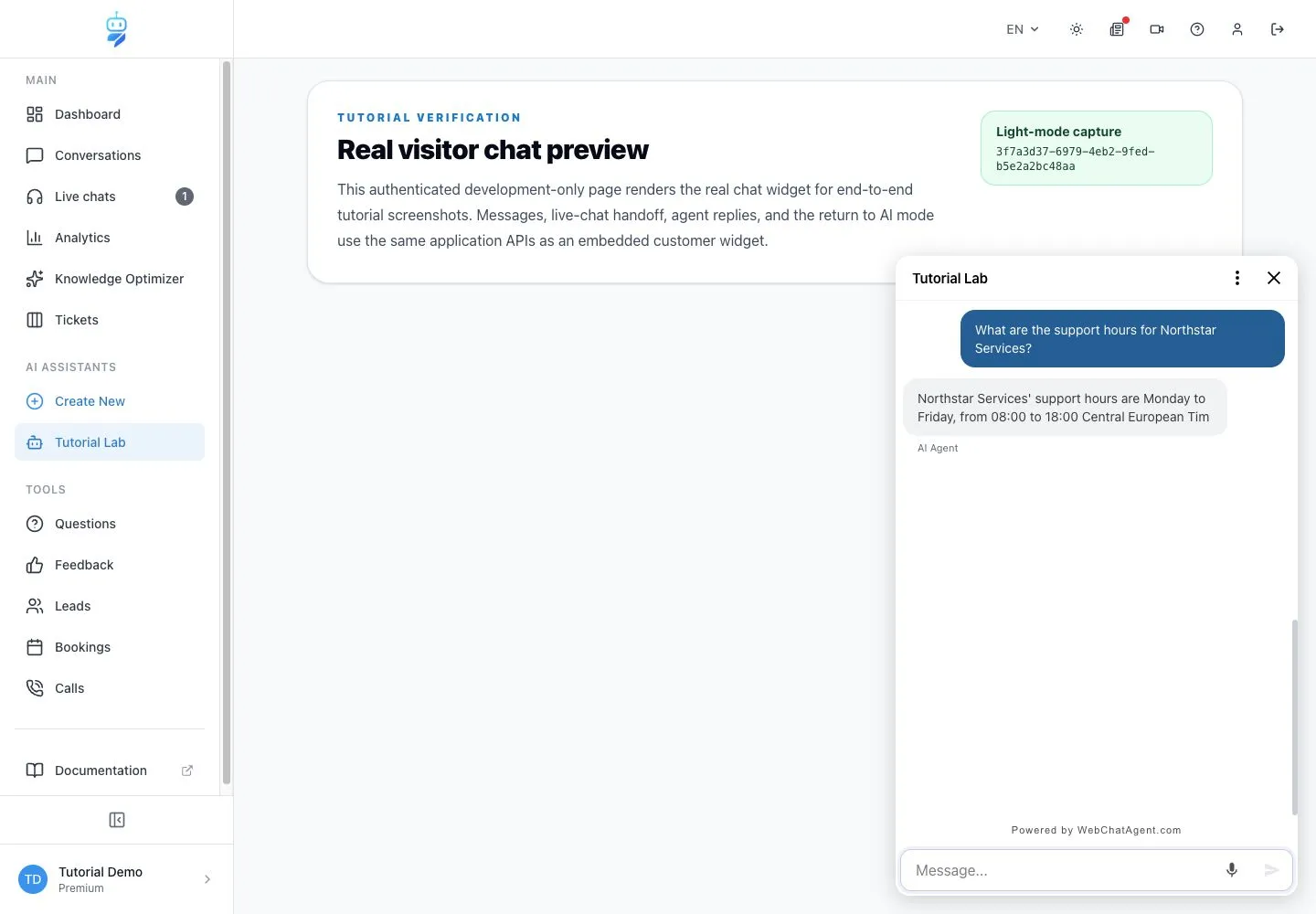 WebChatAgent interface showing preview and test on the real page
