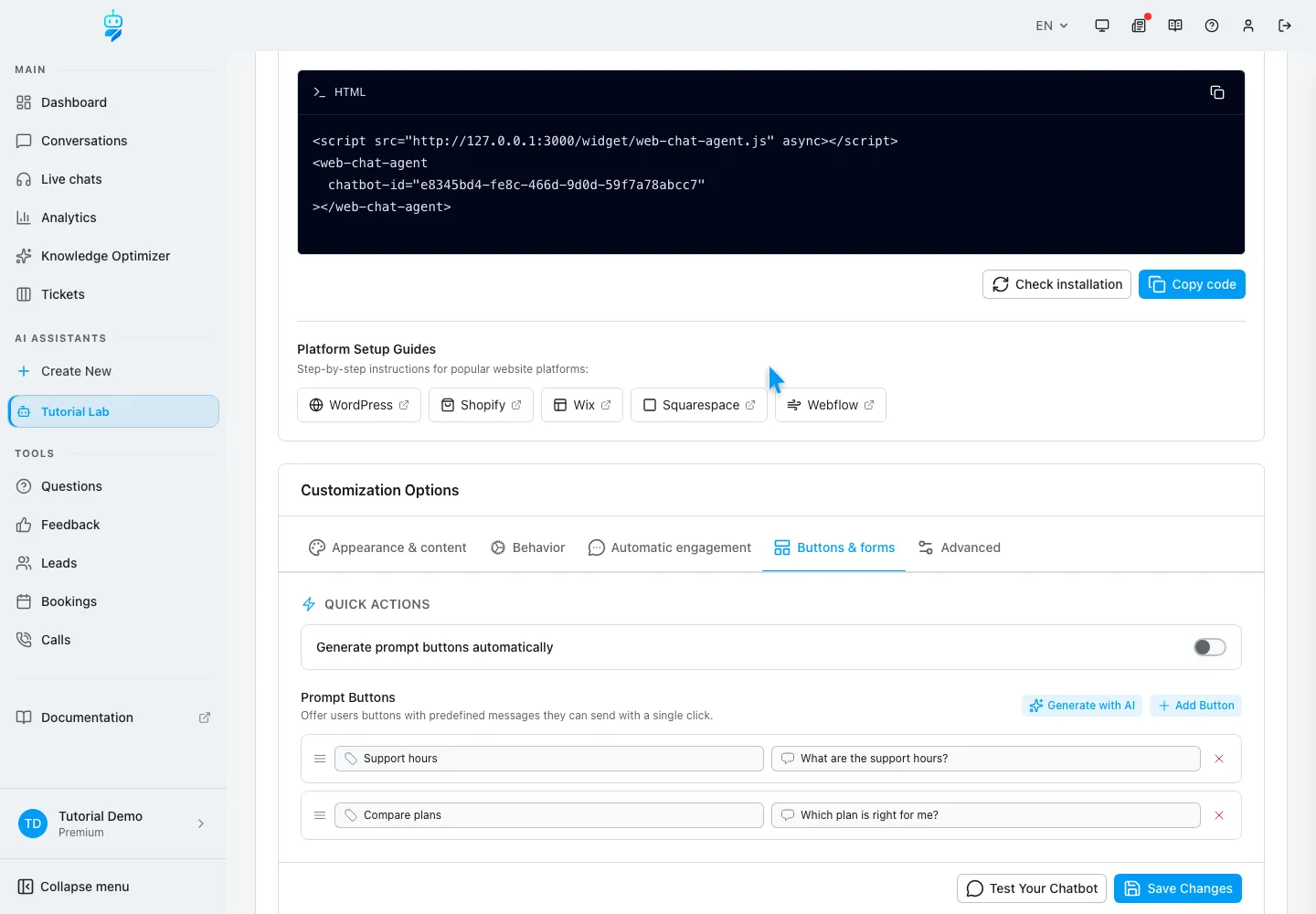 WebChatAgent interface showing configure opening behavior, visibility and prompts