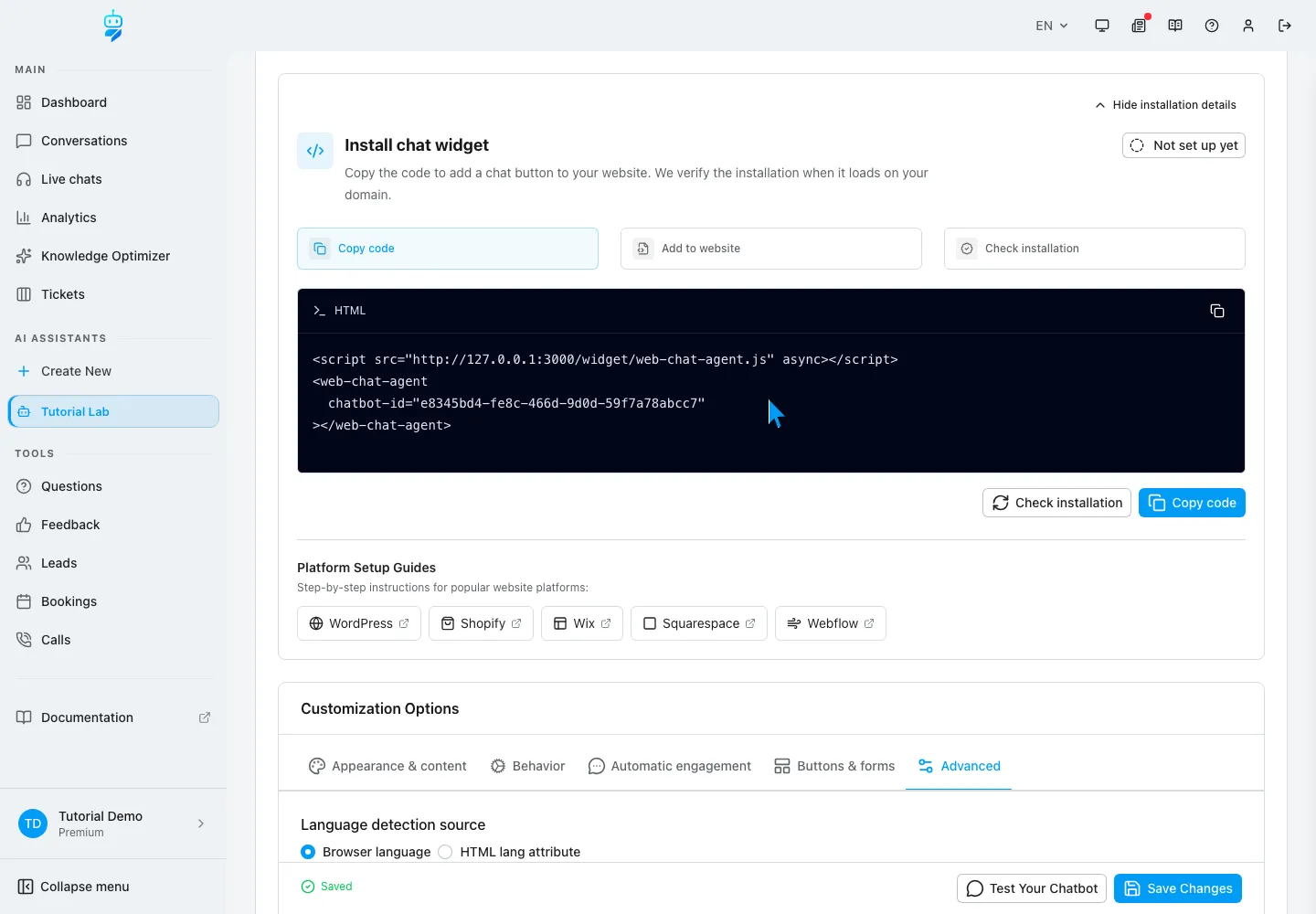 WebChatAgent interface showing copy and install the complete floating-widget embed