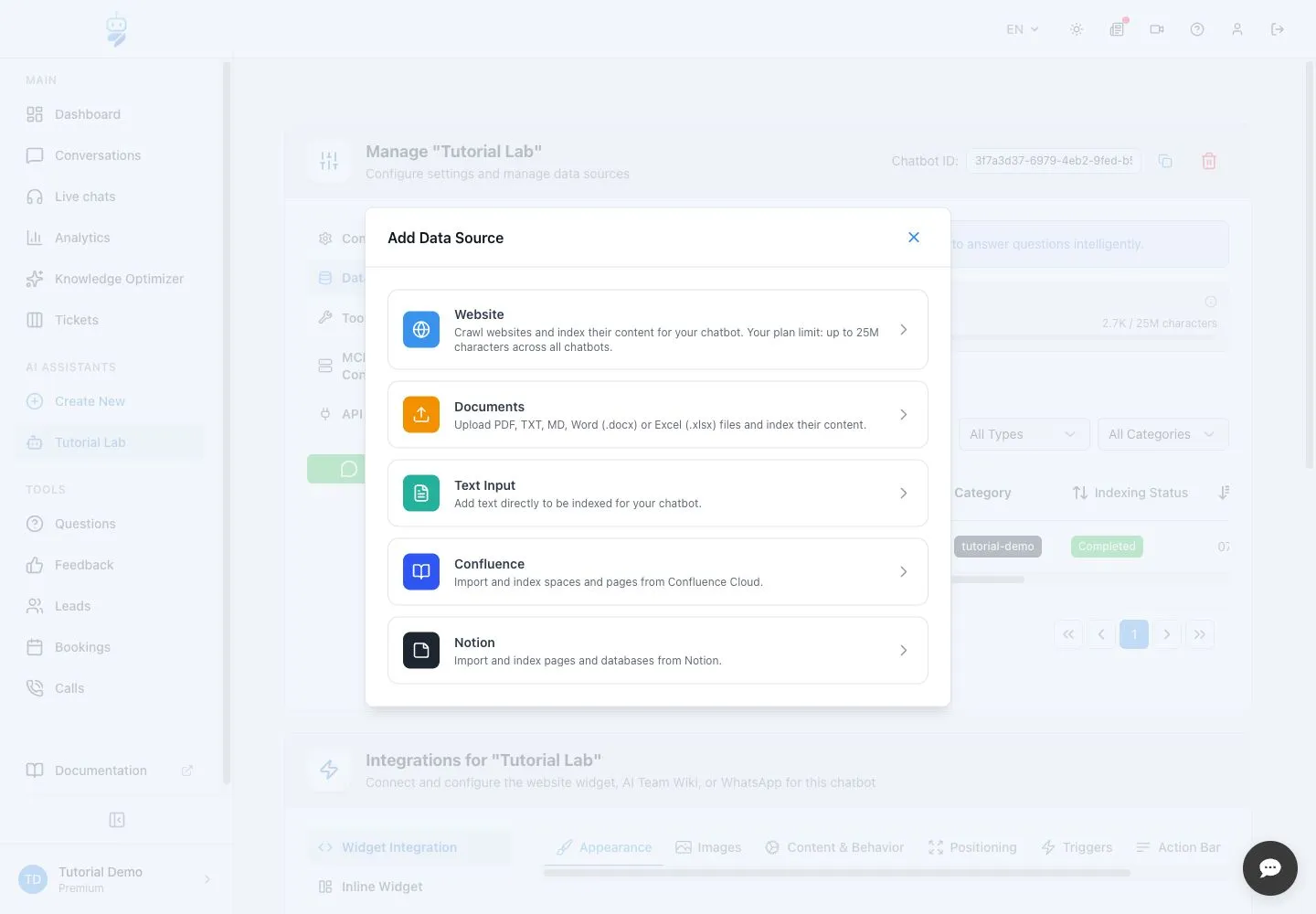 WebChatAgent interface showing review all source types