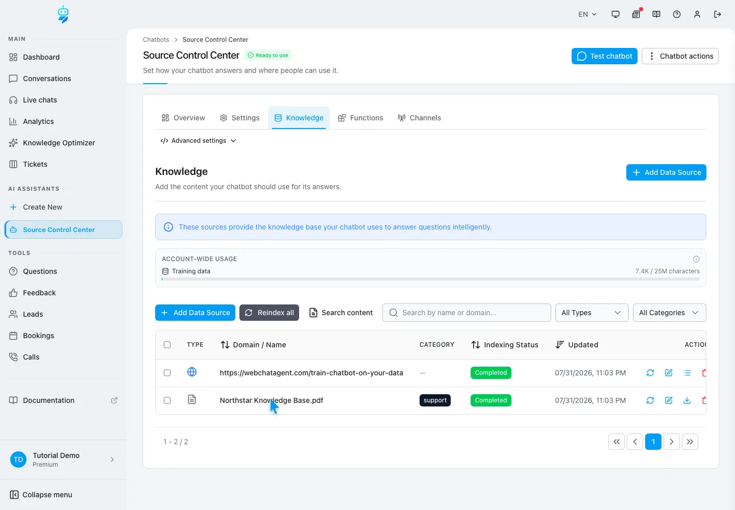 WebChatAgent interface showing open the correct assistant and data sources tab