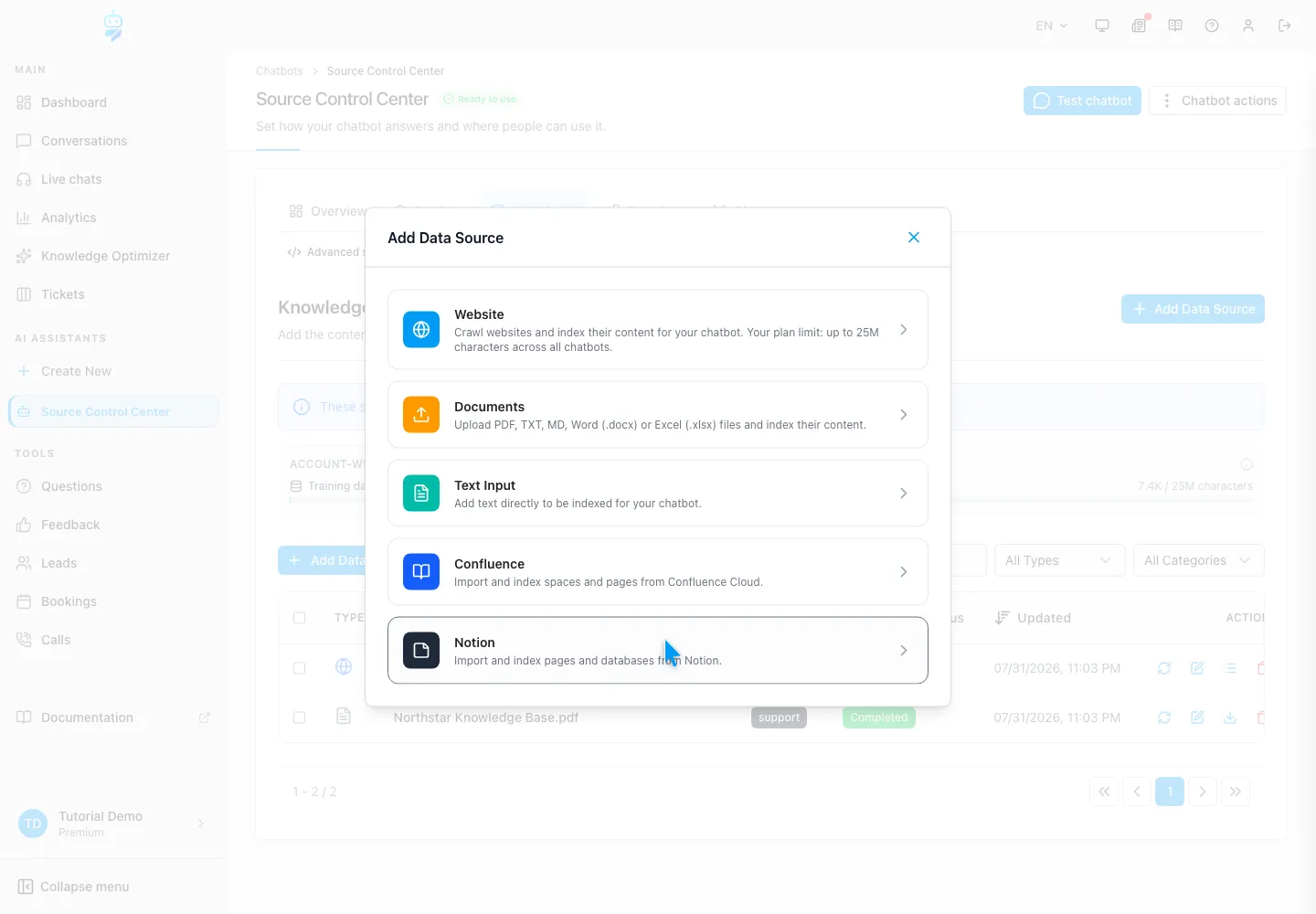 WebChatAgent interface showing compare every add data source option