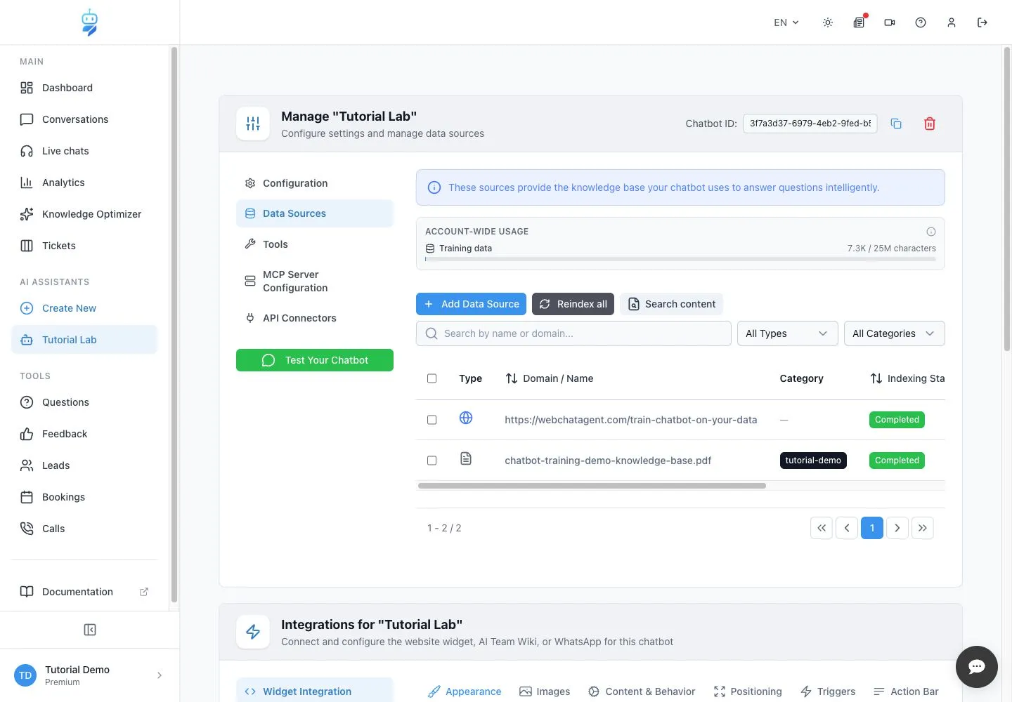 WebChatAgent interface showing use search, type filters and categories